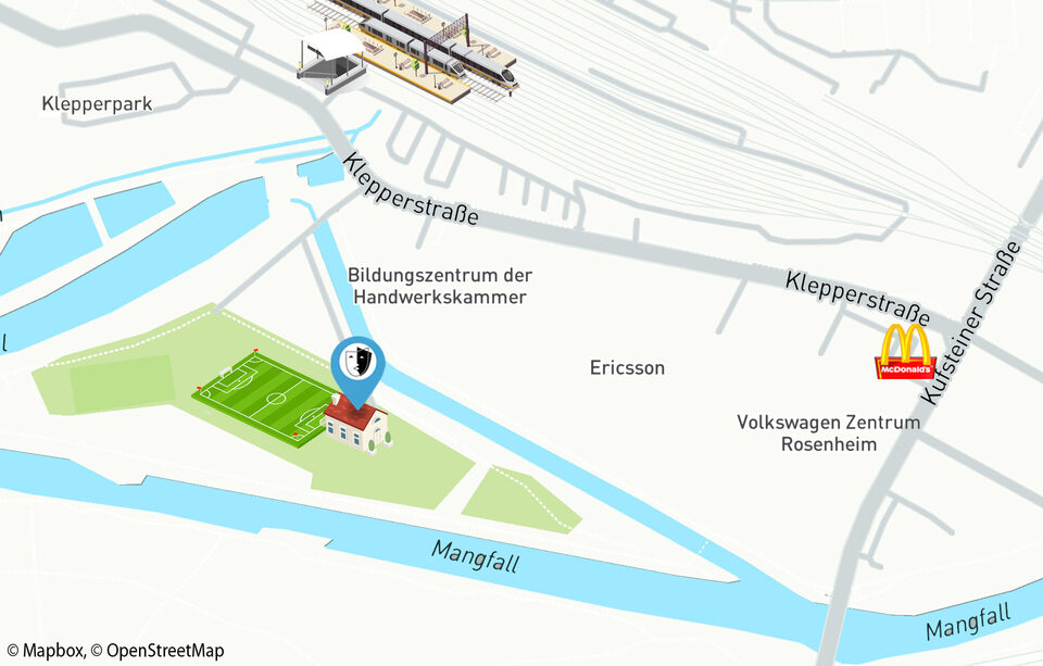 Lageplan: Anfahrt zur Freien Turnerschaft in der Klepperstraße – die Zufahrt liegt zwischen dem Kraftwerk Kunstmühle und der DEKRA